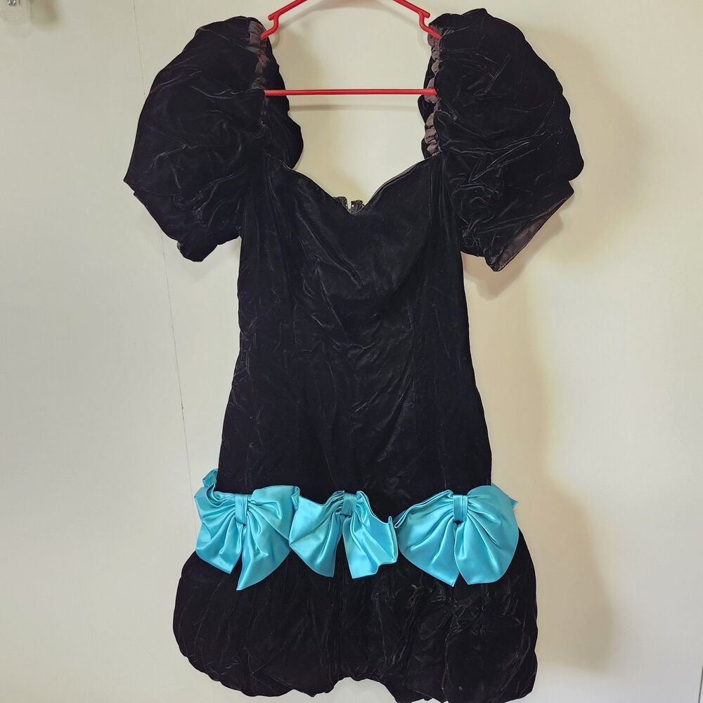 VTG 80s Zum Zum Black Velvet Bubble Dress Teal Aqua Satin Bows Puff Sleeve 9/10